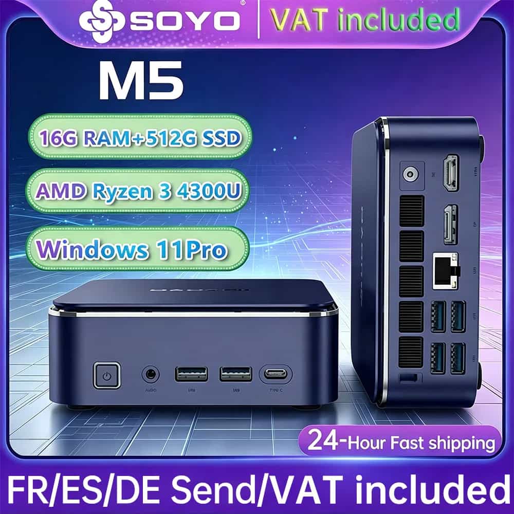 SOYO M5 Mini-PC AMD Ryzen 3 4300U LPDDR4 16GB RAM 512GB ROM Windows 11 Pro Mini-Desktop-Computer Dual 4K Multi-Screen-Ausgang WLAN Bluetooth Gigabit LAN Typ-C Kompakter Mikro-PC für Homeoffice, Business, Unterhaltung und tägliche Arbeit