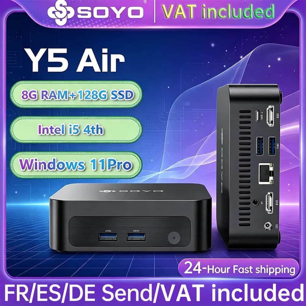 SOYO Mini PC Y5 AIR Intel Core i5 4ème génération, 8 Go de RAM, 128 Go de SSD, Windows 11 Pro, mini ordinateur de bureau, WiFi BT4.2, double affichage HDMI, port USB-C, petit ordinateur pour la maison et le bureau, mini PC professionnel, micro PC basse consommation, ordinateur de bureau compact portable, mini ordinateur pour le bureau et les études