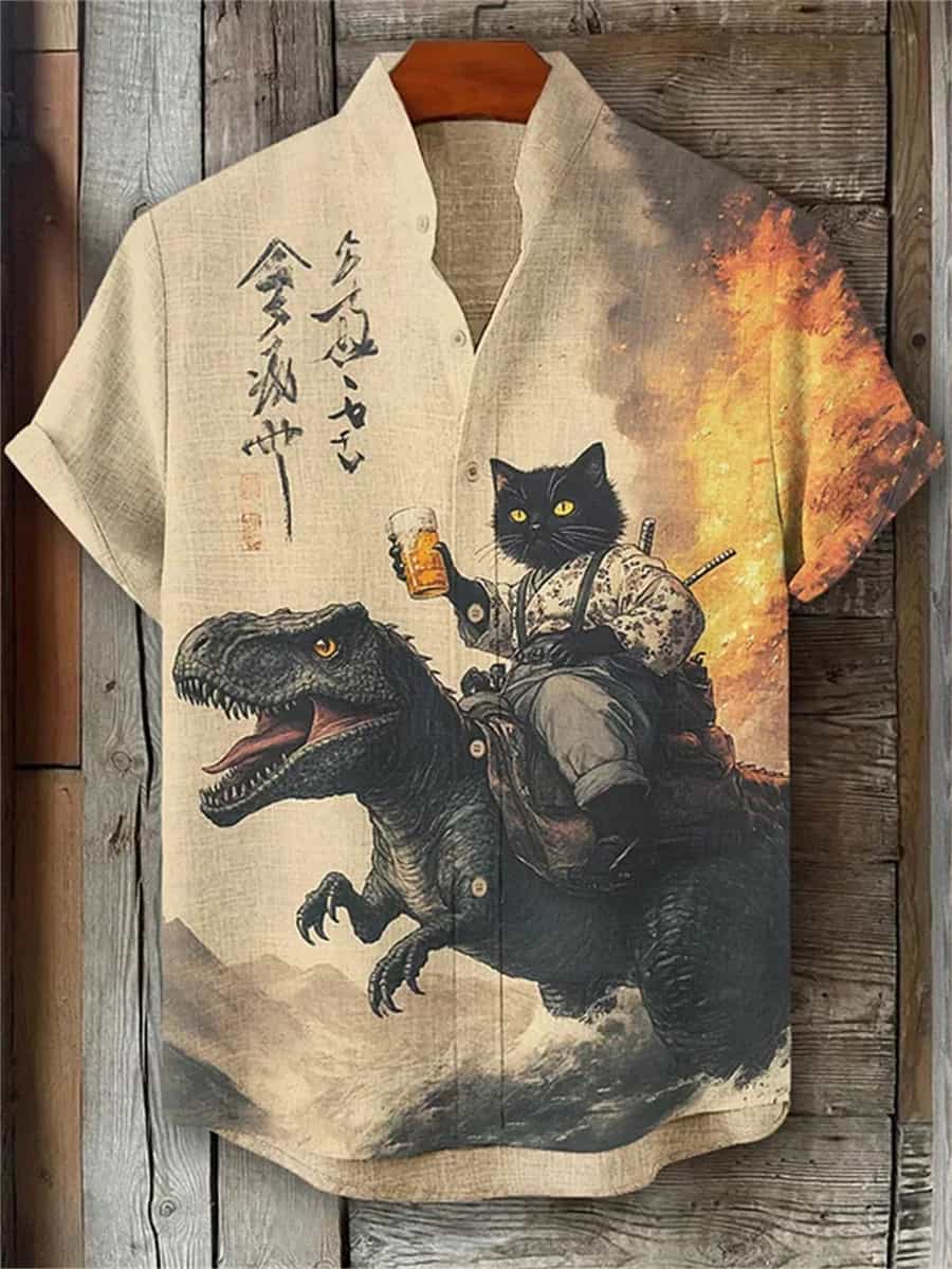 Camicia da uomo a maniche corte con stampa di gatti e dinosauri, top da uomo casual ed elegante in stile vacanza, design hawaiano alla moda.