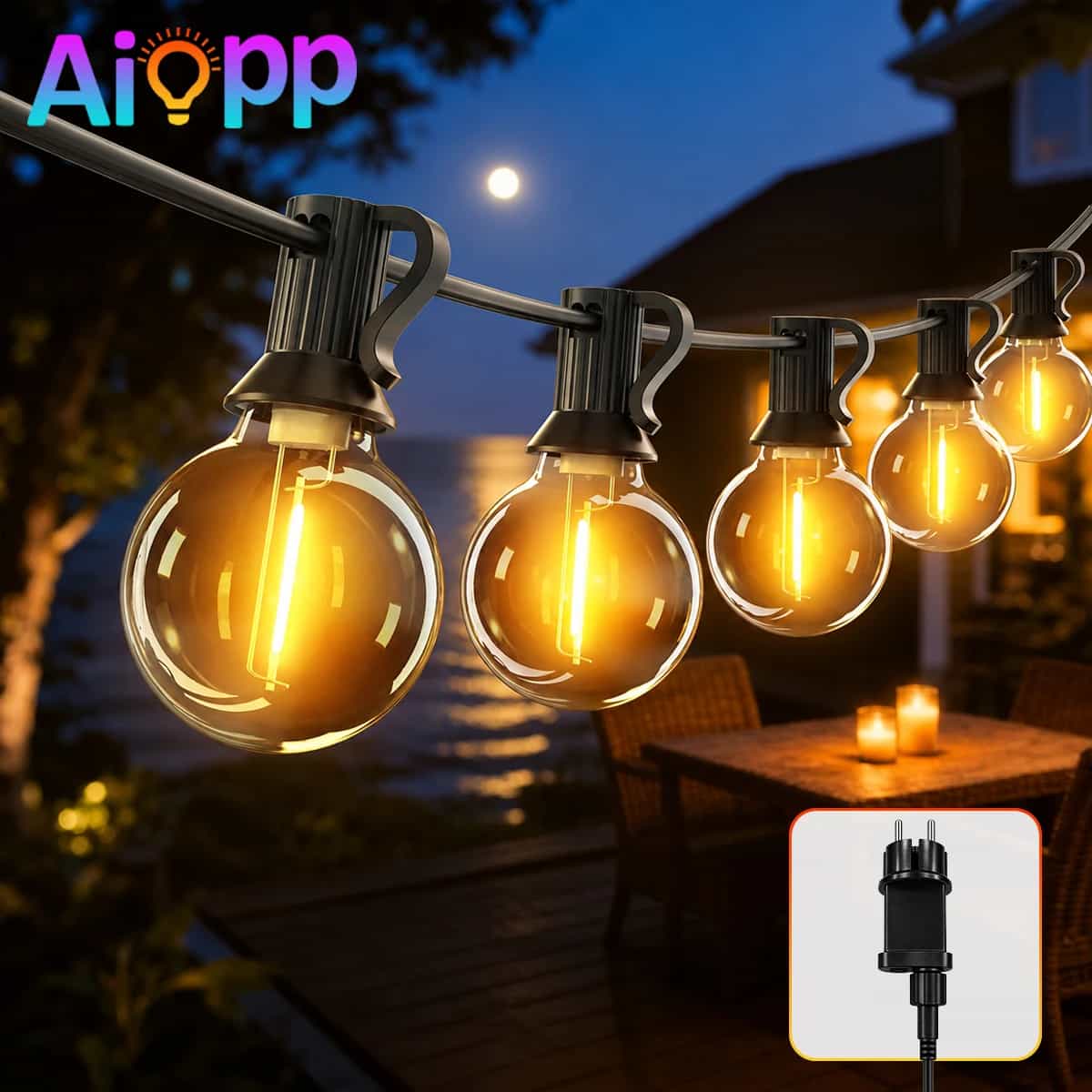 Luci a stringa LED G40 da 46m/30m/20m per esterni con ganci per appenderle, 8 modalità di illuminazione, lampadina a globo infrangibile, lampada decorativa per giardino, matrimoni, campeggio e feste.