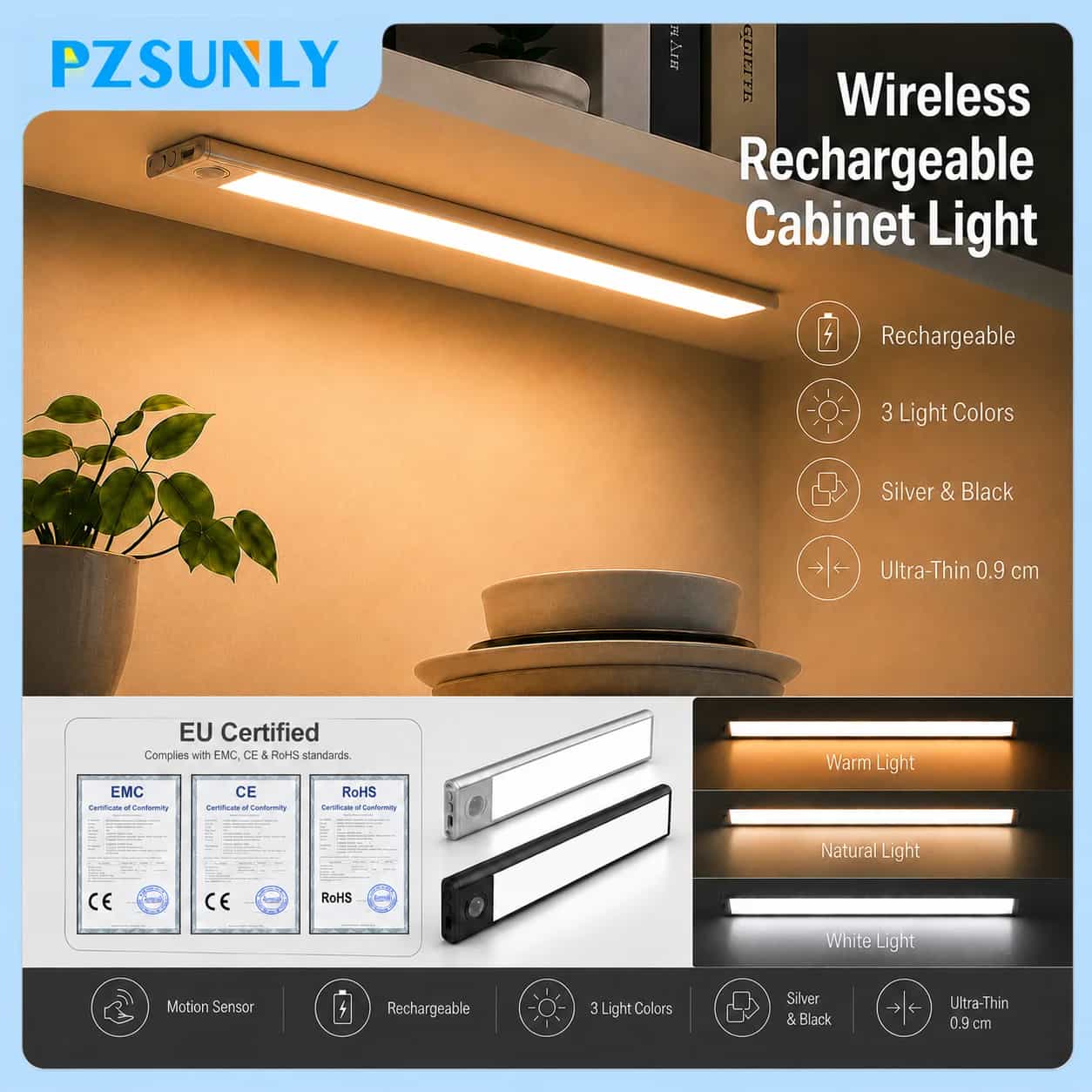 PZSUNLY LED-nachtlampje USB Type-C Oplaadbare bewegingssensor 0,9 cm Ultradunne ledlamp voor keukenkast Kastverlichting 20 cm/30 cm/40 cm/50 cm