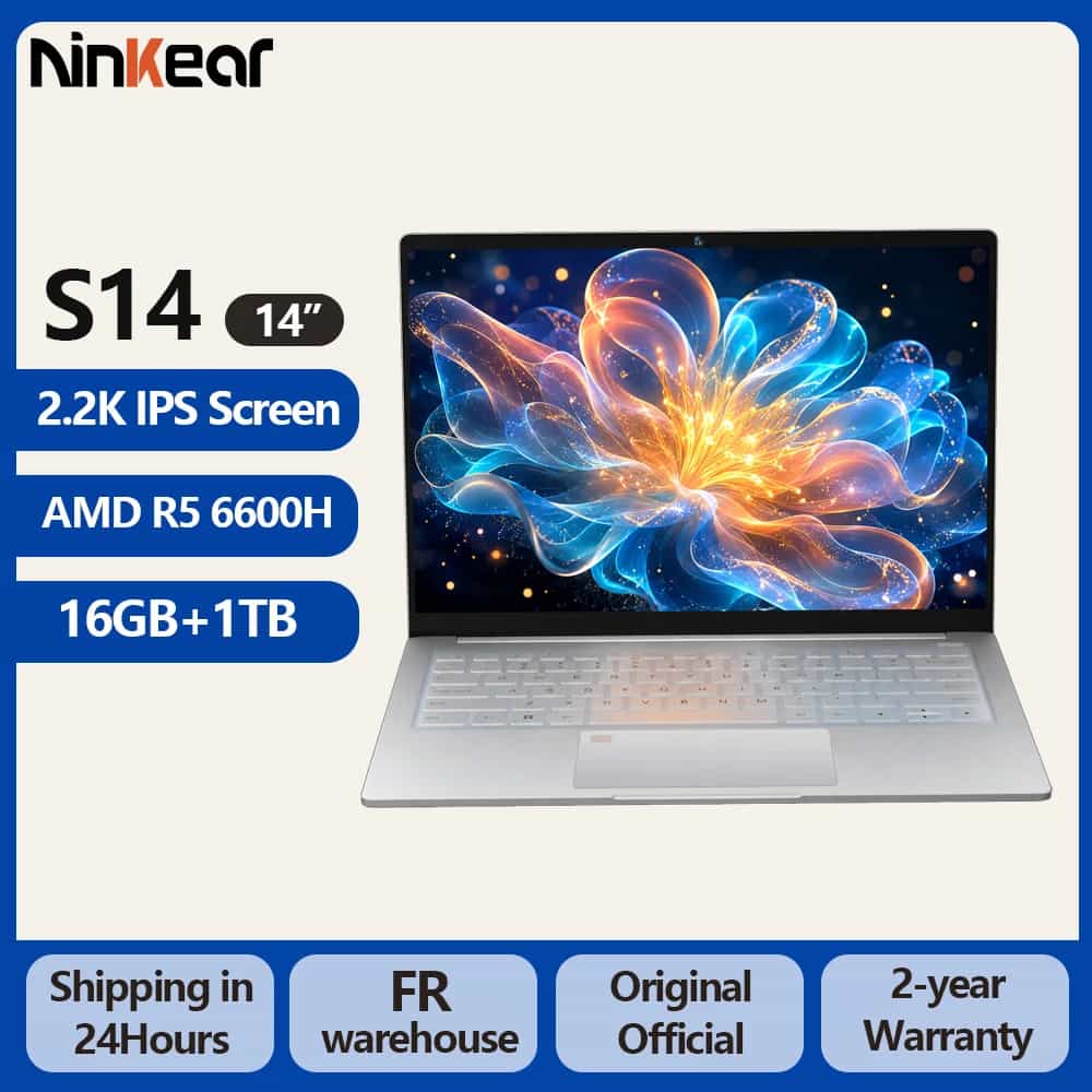 Ninkear S14 Laptop 14' 2.2K IPS AMD Ryzen 5 6600H 6-Core 4.55GHz 16GB LPDDR5X 1TB PCIe SSD WiFi 6 BT5.3 PD65W Snelladen 1kg Ultralicht Type-C Windows 11,180 ° Hinge Fingerprint Het Perfecte Cadeau voor Reizen, Kantoor en Computer