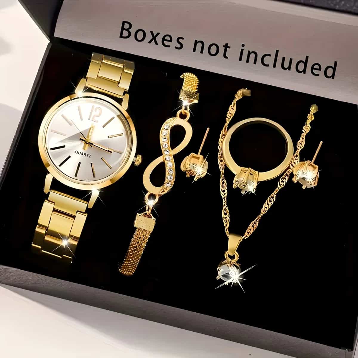 6PCS Women Watch Jewelry Set - Fashion Quartz Watch + Crystal Infinity Bracelet Necklace Earring Ring for Ladies(Without Box)