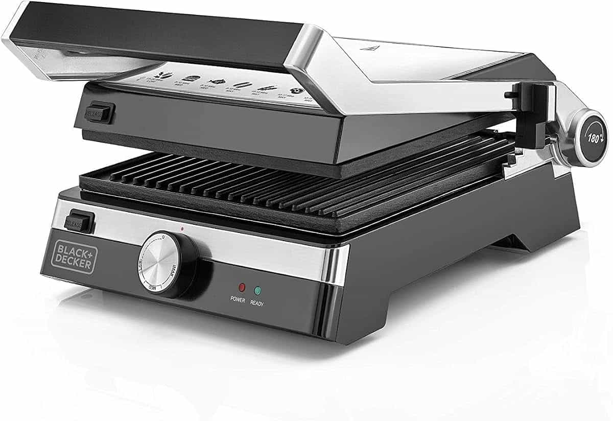 BLACK+DECKER Family Health Grill with 180° Hinge, 2000W, 1500cm² BBQ Area, 5-Level Height Adjustment, Variable Temperature Control, Removable Drip Tray, Cool-Touch Handle, Black/Silver - CG2000-B5