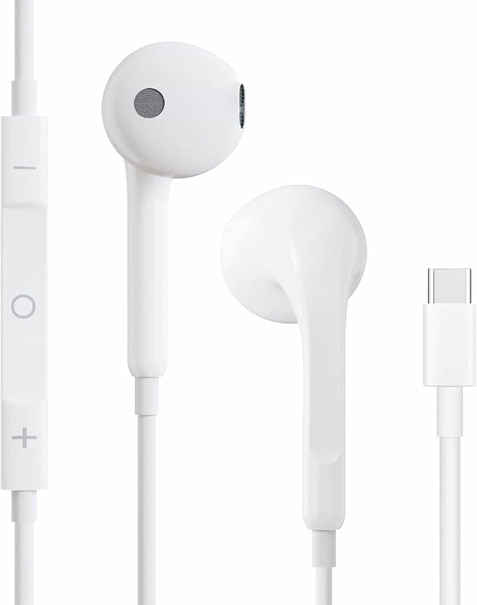 Type C Headphones, Wired Earphones Type C with Microphone | Volume Control, In-Ear Earbuds USB C Compatible with iPhone 17 16 15 Pro Max, Galaxy S26 Ultra S25 A56 A57 (White)