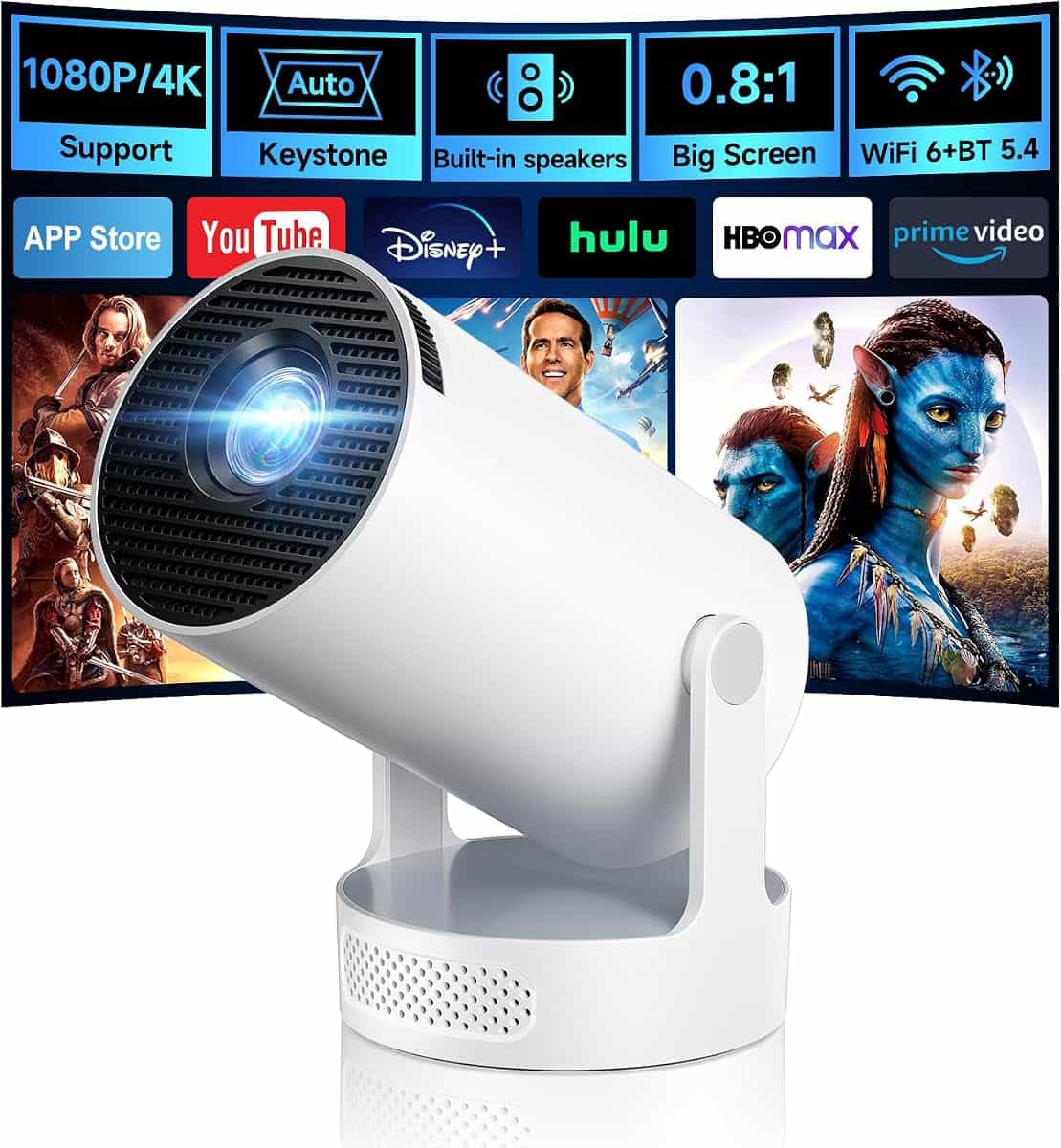 Kimwood Mini Projector Built-in Apps Portable Short Throw Supports 1080P | Portable Smart Projector, Big Screen in Small Rooms, Auto Keystone, WiFi 6, BT5.4, Upgraded HiFi Speaker, Low Noise