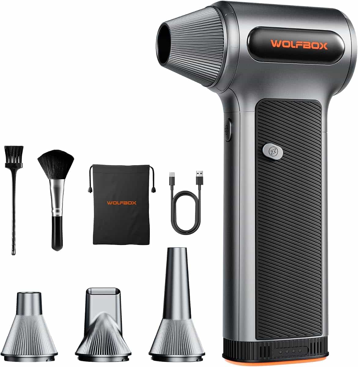 WOLFBOX MF200 Air Duster with Removable Battery, Extreme Powerful Airflow | 3-Speed Adjustable Cordless Mini Dust Blower, Long Runtime with 4 Nozzles for Computer, Keyboard, Car Cleaning, Outdoor Use