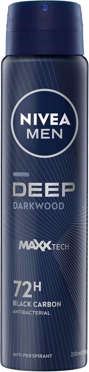 NIVEA MEN Deep Darkwood Anti-Perspirant Aerosol Deodorant 250ml | 72-Hour Sweat Protection | Antibacterial Formula Fights Odour | Long-Lasting Fragrance | Men's Spray Deodorant