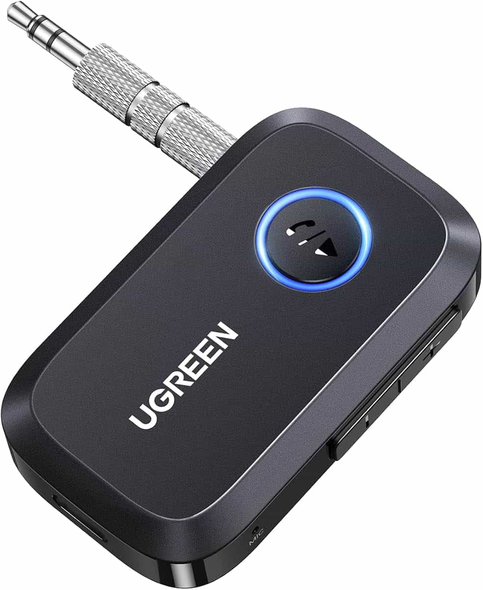 UGREEN Récepteur Bluetooth 6.0 Jack Adaptateur Bluetooth Voiture AUX | avec Micro Intégré Appels Mains Libres 15H d'Autonomie Double Connexion, Enceinte Casque Filaire, Câble 3.5mm Inclus (Noir)