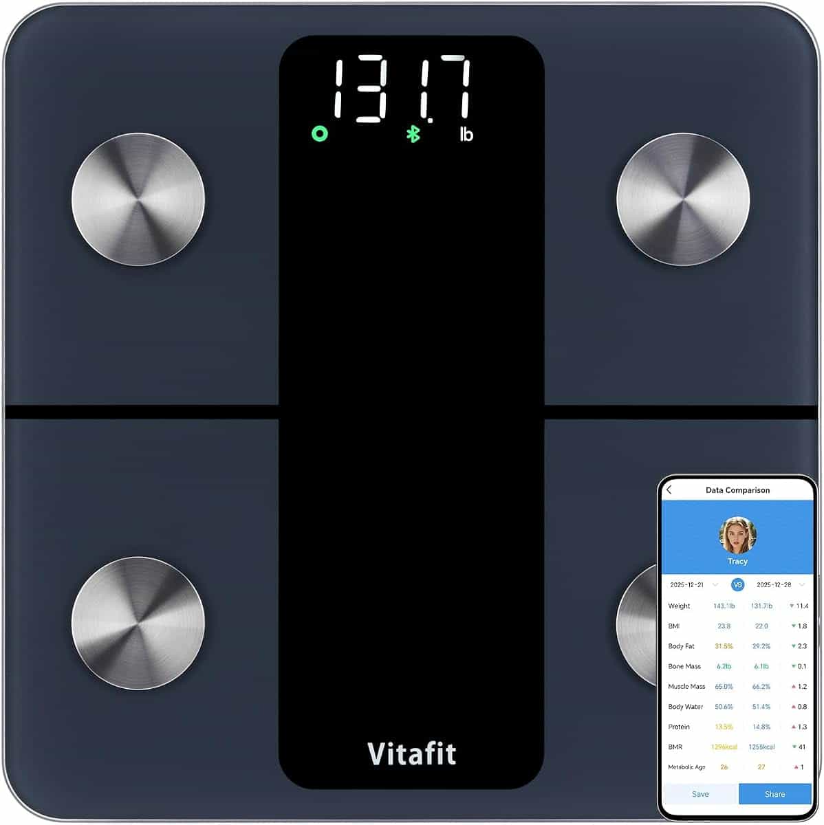 Vitafit Balance Pese Personne Haute Précision 0,05kg, 182kg, LED, Noir | Professionnelle Usine Depuis 2001 Balance Impedancemetre Connectée App avec 13 Données Corporelles BMI/Graisse Corporelle/BMR