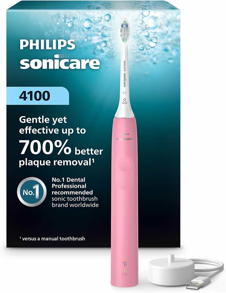 Philips Sonicare 4100 Rechargeable Electric Toothbrush, 1 Brush Head, Pink | 700% More Plaque Removal¹, Pressure Sensor, 2 Brush Settings, 2-Minute Guided Timer, 14-Day Battery, HX3681/26