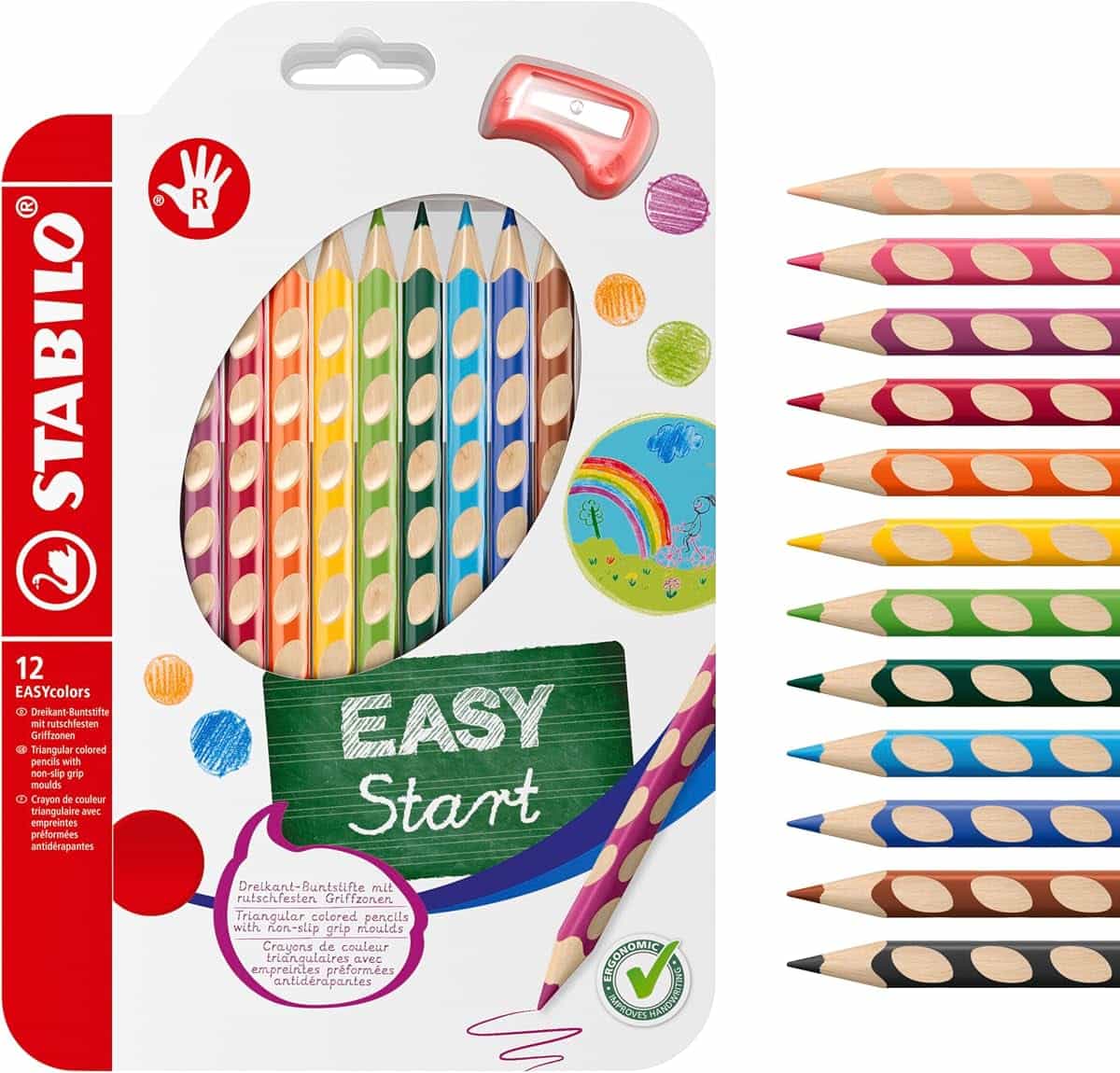 Ergonomic Colouring Pencil - STABILO EASYcolors - Right-Handed - Pack of 12 - Assorted Colours with Sharpener | 12er Pack inkl. Spitzer