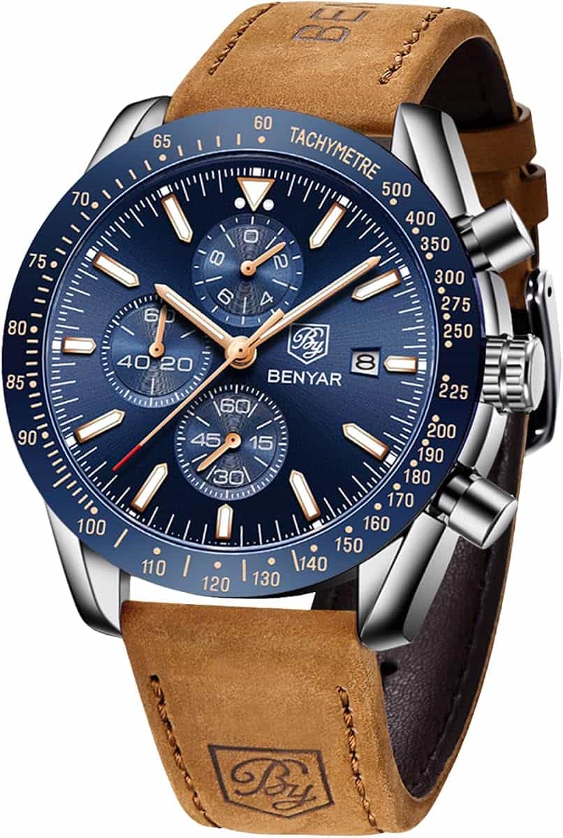 BENYAR herrenuhren Chronograph Analogue Quartz Armbanduhr für männer Lederband Herren Fashion Business Sport Design 30M wasserdicht Elegantes Geschenk für männer