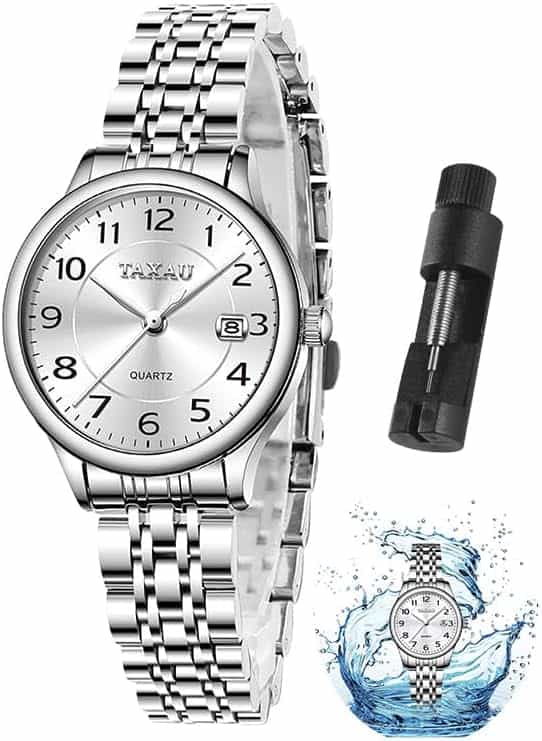 Taxau Armbanduhr Damen Edelstahl, Kleine Damenuhr mit Arabischen Ziffern, Quarzuhr Damen mit Datum, Easy Read Zifferblatt, 3 Bar Wasserdicht, Elegante Uhr für Frauen