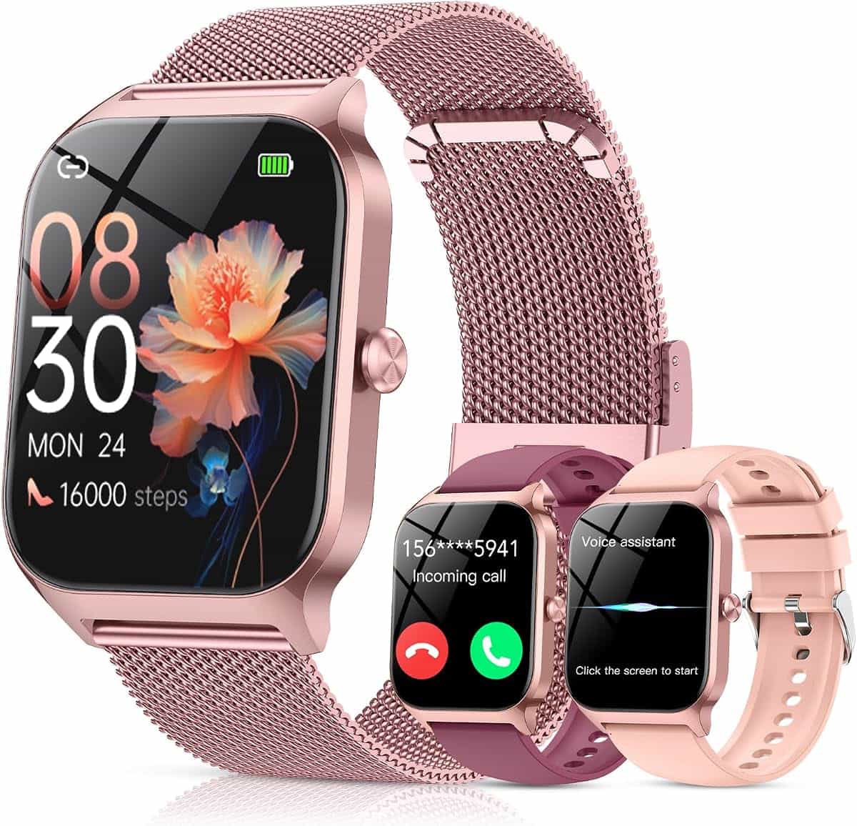 CASCHO Smartwatch Damen mit Telefonfunktion,1.85'' HD Fitness Tracker mit Herzfrequenz SpO2 Schlafmonitor,120+ Sportmodi Fitnessuhr, IP68 Smart Watch for Women für iOS Android,3 Armbänder-Roségold