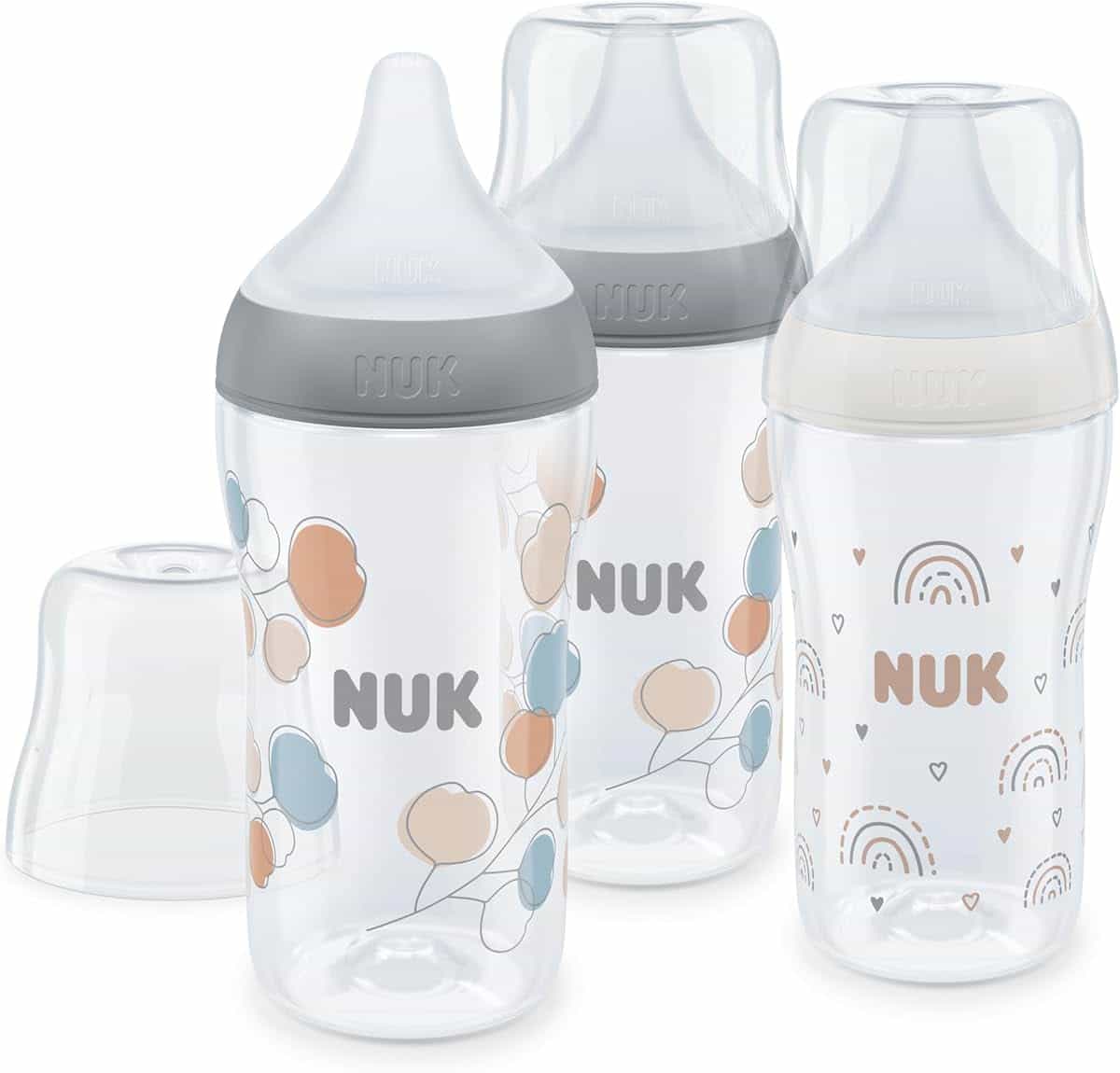 NUK Perfect Match Set de biberones | +3 meses | Se adapta al paladar | Control de temperatura | Ventilación anticólico | 260 ml | Sin BPA | Tetina de silicona mediana | Arcoíris y Ramita | 3 uds.