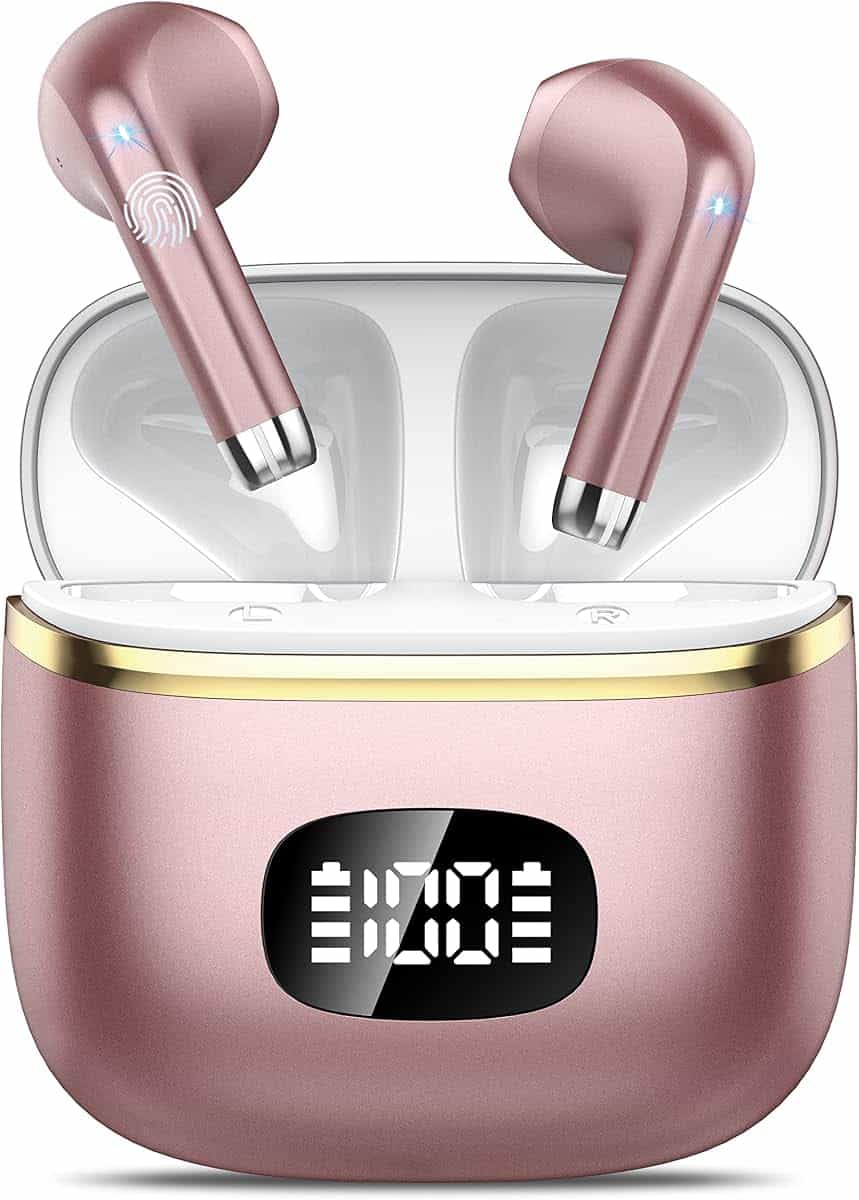 POMUIC Ecouteurs Bluetooth sans Fil, Écouteurs Bluetooth 5.3 ENC Réduction | 40 Heures Durée de Lecture Écran LED, Hi-FI Son Stéréo,IP7 Étanche, Contrôle Tactile Oreillette Bluetooth iOS Android Or Rose