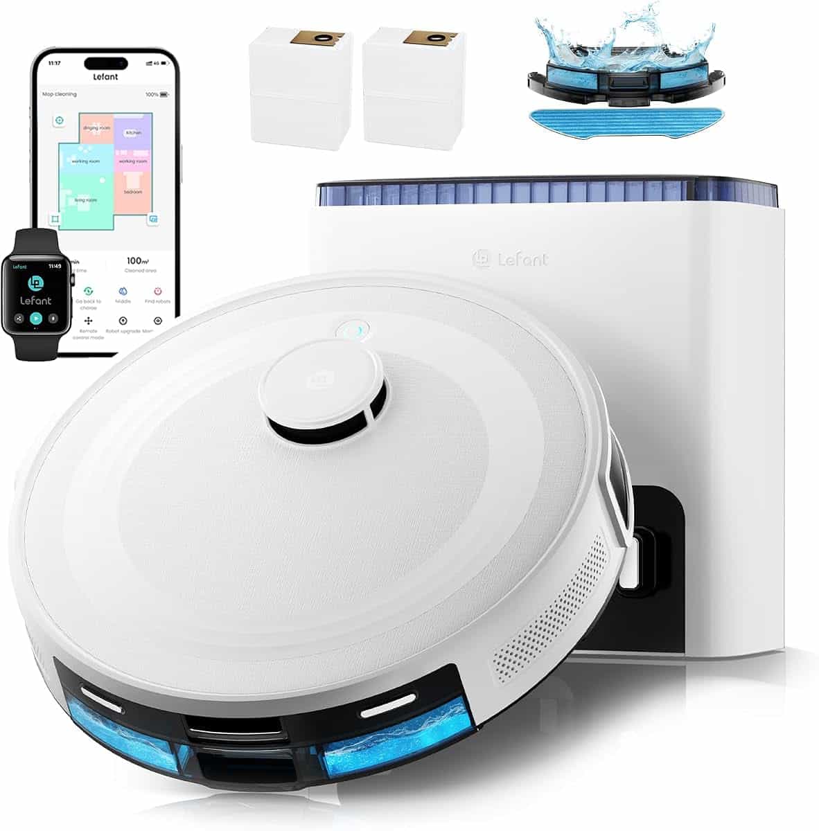 Lefant M2L Plus Robot Aspirateur Laveur avec Station 6000Pa, Blanc | Vidage Automatique avec Sac 2,5L,Navigation Laser dToF,Cartographie Intelligente,Évitement PSD,Poils d’Animaux,130min, APP