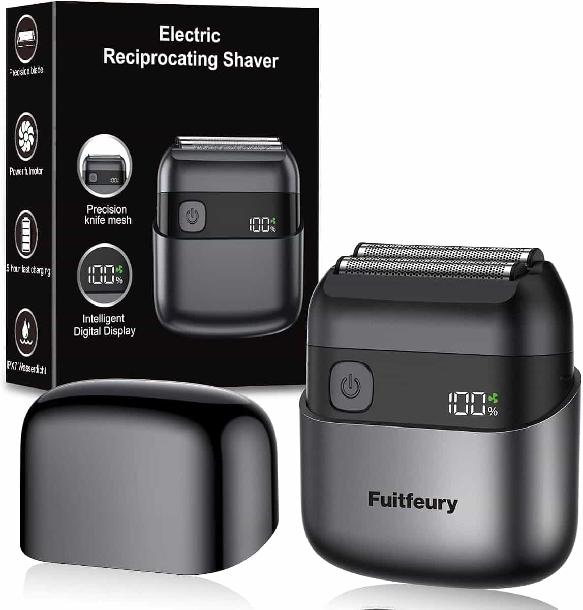 Rasoir Electriques Hommes Portable, Mini Rasoir Barbe & Visage, Étanche IPX7, Sans Fil avec Écran LED, Charge Rapide, Lames de Précision, Technologie Micro-Peigne, Voyage & Maison Noir
