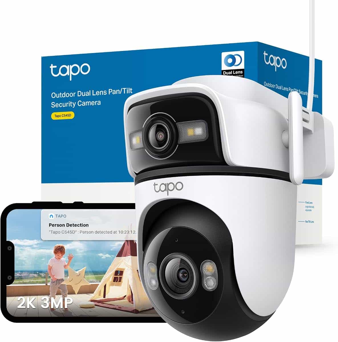 Tapo C545D 2K 3MP Dual-Camera Pan/Tilt Outdoor Security Camera Wi-Fi Camera | CCTV Camera, Wide-Angle & Telephoto Lens, Smart Tracking, Color Night Vision, AI Detection, 2-Way Audio,No Monthly Fee, IP66