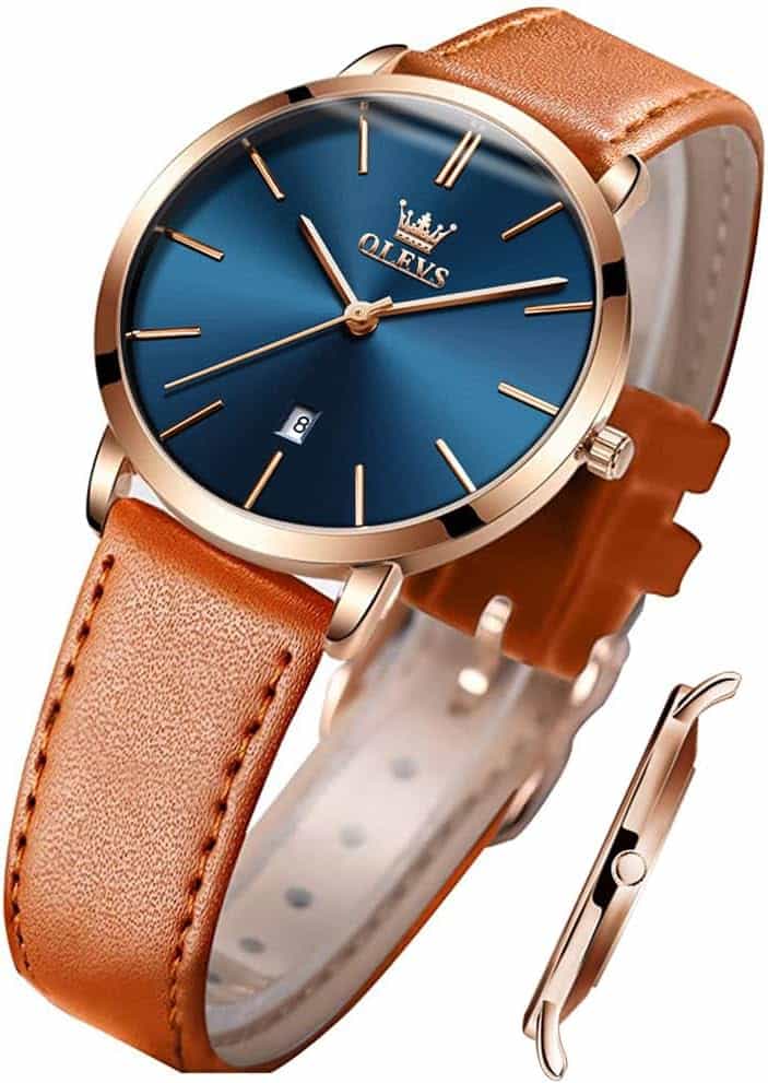 OLEVS Ladies Quartz Watch Minimalist Casual Ultra-Thin Design & Leather Strap & Waterproof & Date Elegant Watch