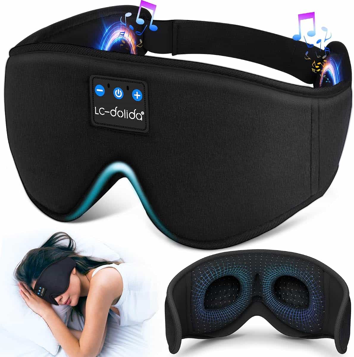 LC-dolida Bluetooth Sleep Mask Headphones 200% Blackout 3D Deep Eye Mask with Headphones BluetoothV5.4 Can Play 15Hrs Breathable Eye mask with Bluetooth Headphones for Travel,Nap Sleeping,Shift Work