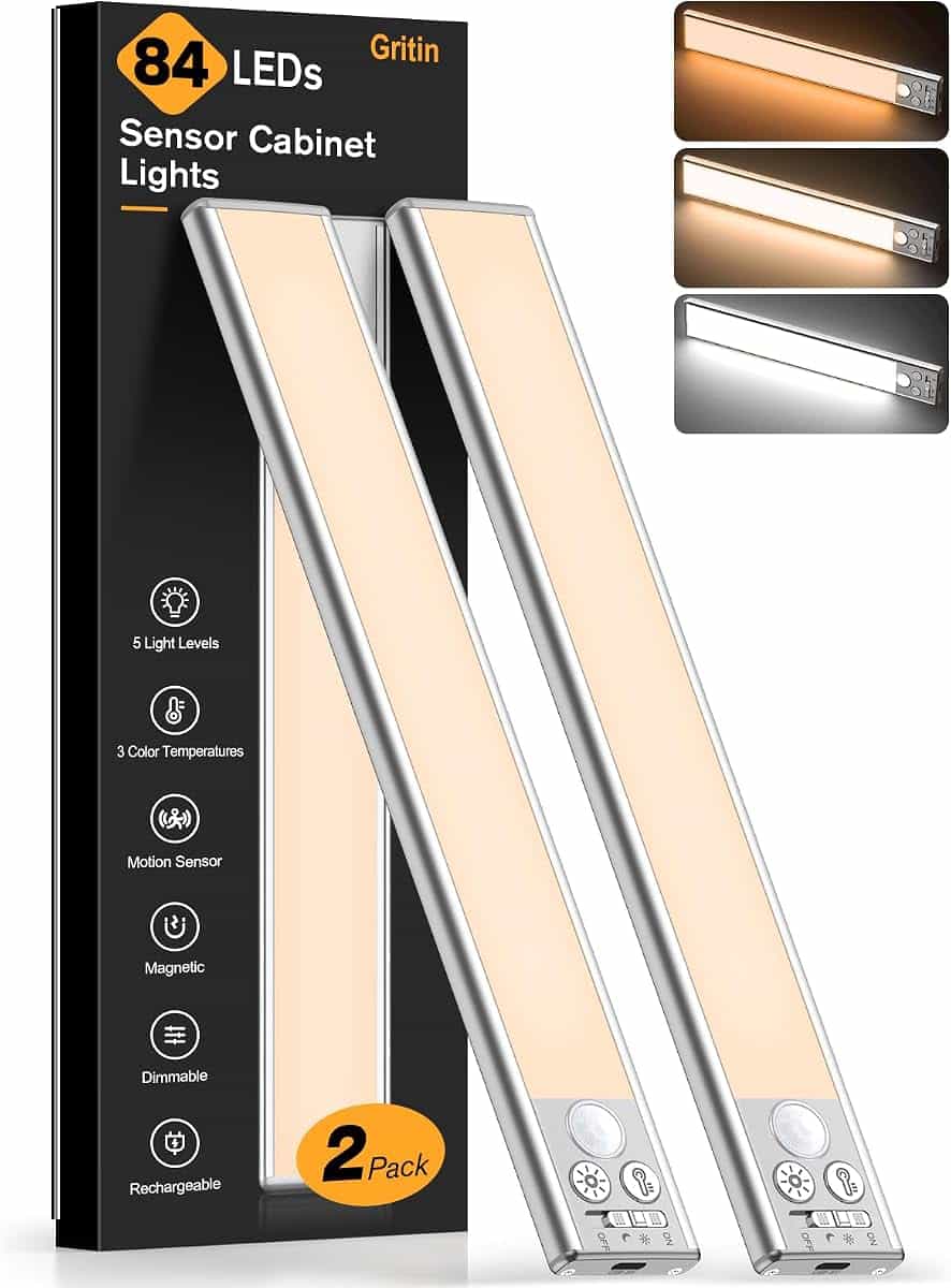 Gritin Under Cabinet Kitchen Lights Rechargeable 2 Pack-3 Color Temps | 5 Level Brightness,Super Bright,4 Modes,Motion Sensor,Long Lasting-Easy Installation Strong Magnetic Under Closet Light-26CM