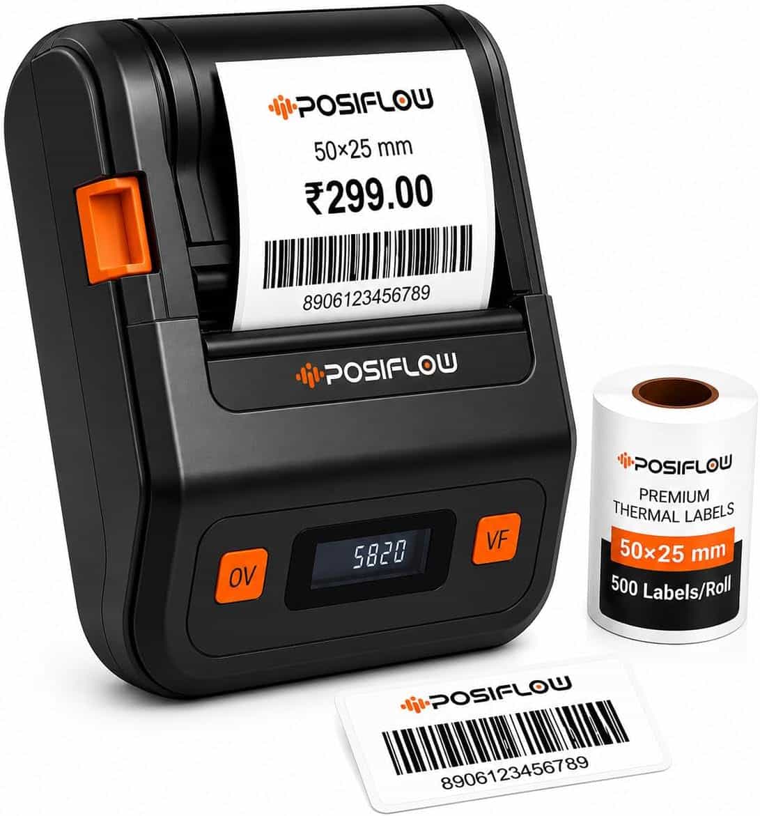 POSiFLOW PSF20 58mm Inkless Thermal Portable Printer | Bluetooth & USB Receipt, Barcode & Label Printer for Shops & Retail Use | Mobile & PC Support | 200 Labels Included | Color: Back/White