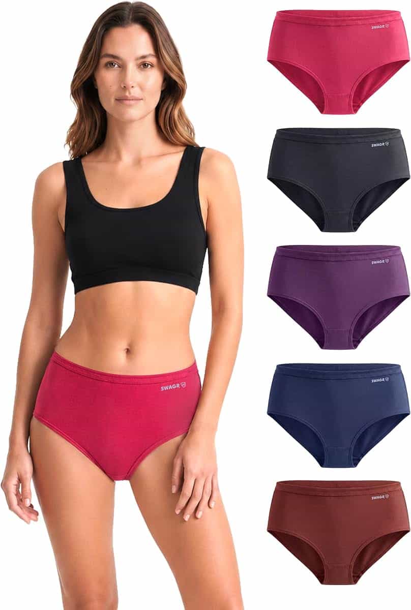 SWAGR 5 Pack Women's High Coverage Super Combed Cotton Hipster Panty Set | Powered by ZincShield Anti-Bacterial Tech | BreatheSoft Fabric | MarkFree Waistband | SOXCO Style HP06