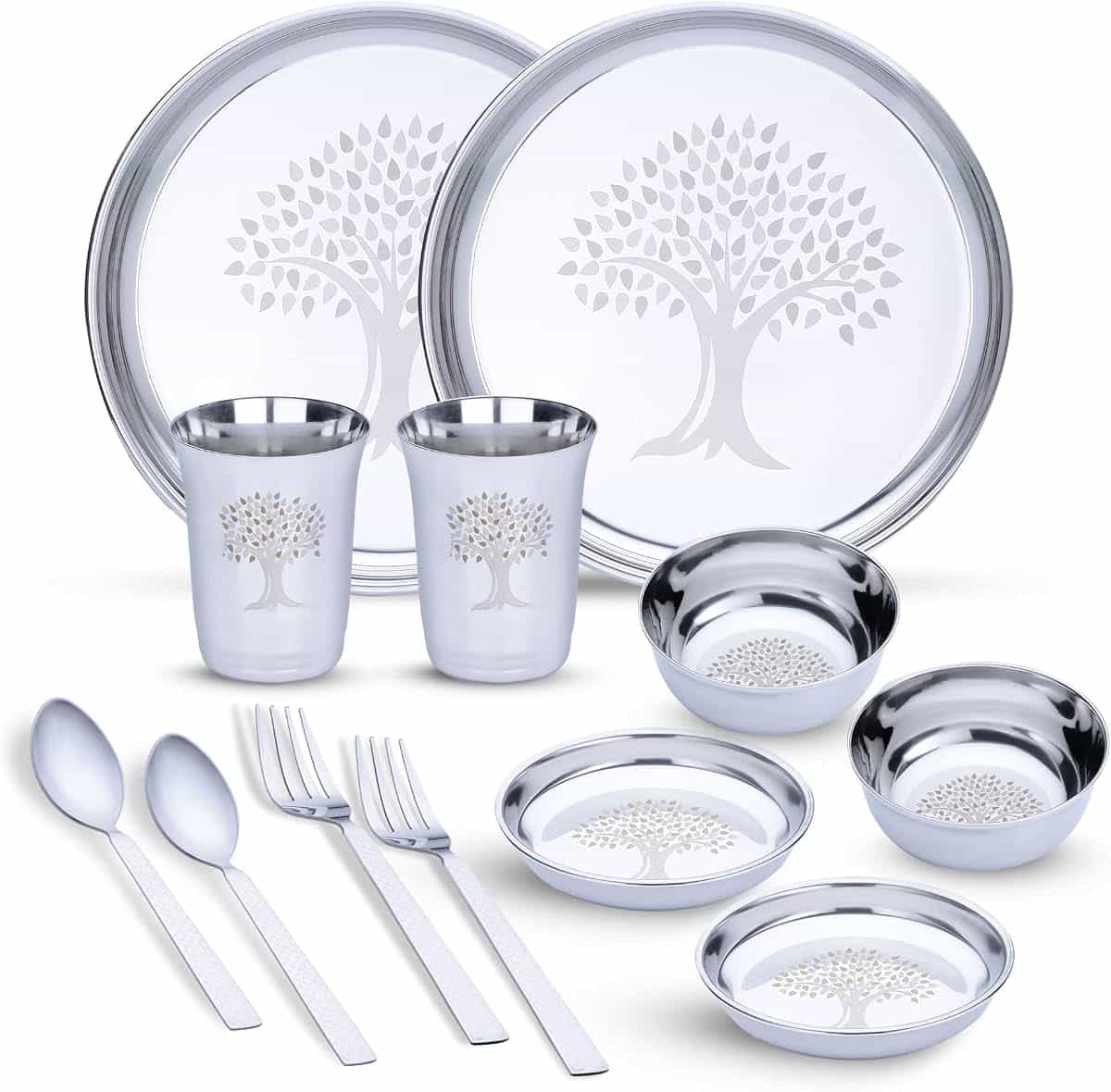 Limetro Steel Stainless Steel Dinner Set for 2 Persons | Complete Indian Thali Set with Plates, Bowls/Katori, Glass, Spoon & Fork | Tree Design Steel Dinnerware for Home (Set of 12- Serves 2)