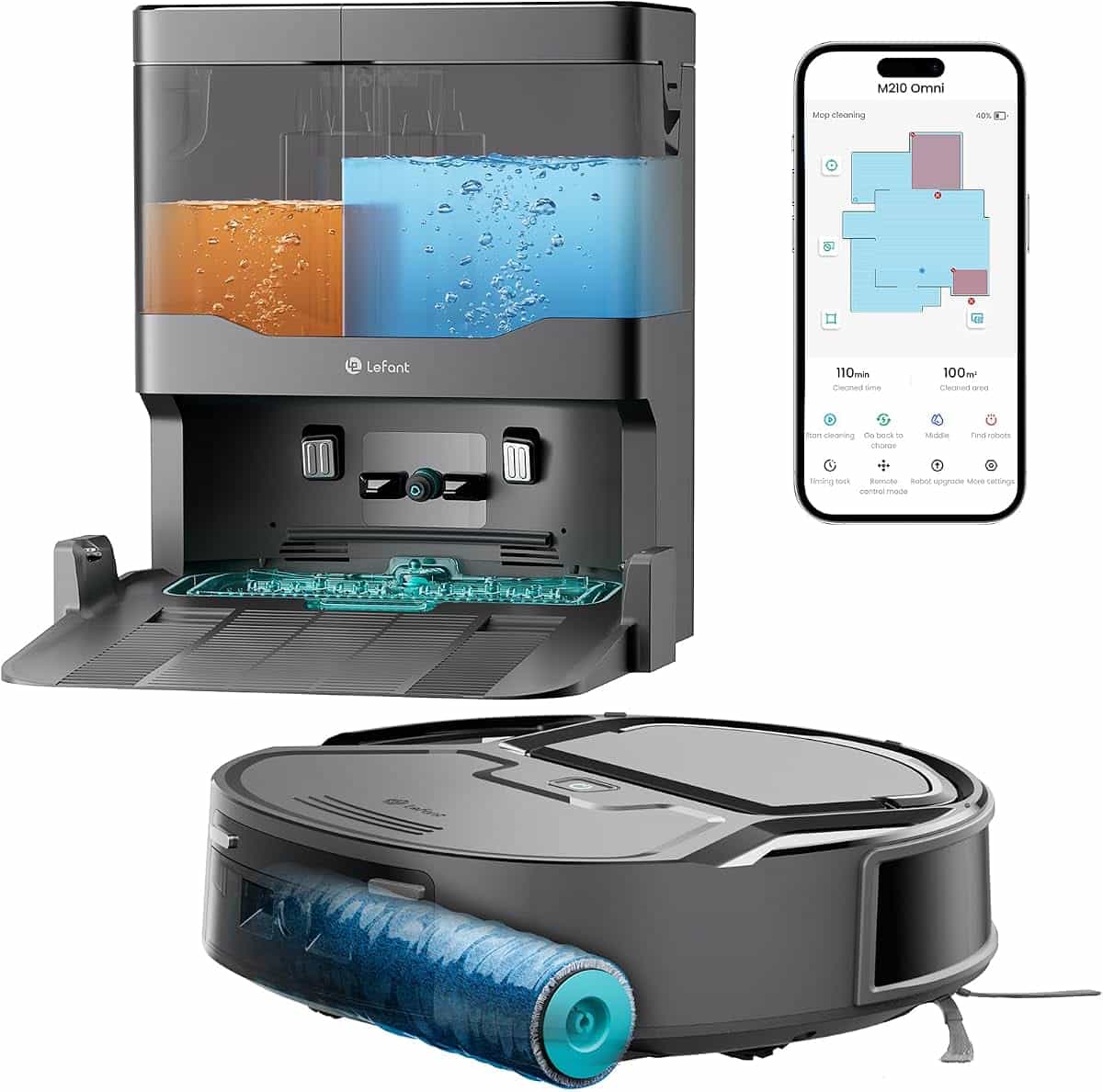Lefant M210 Omni Robot Aspirapolvere Lavapavimenti, 20000Pa, Anti Groviglio | Mini Robot Aspirapolvere con Rullo ad Acqua, Base Autopulente, 85mm, 800ml, 2.4G WiFi, Mappatura ToF, Alexa, Grigio