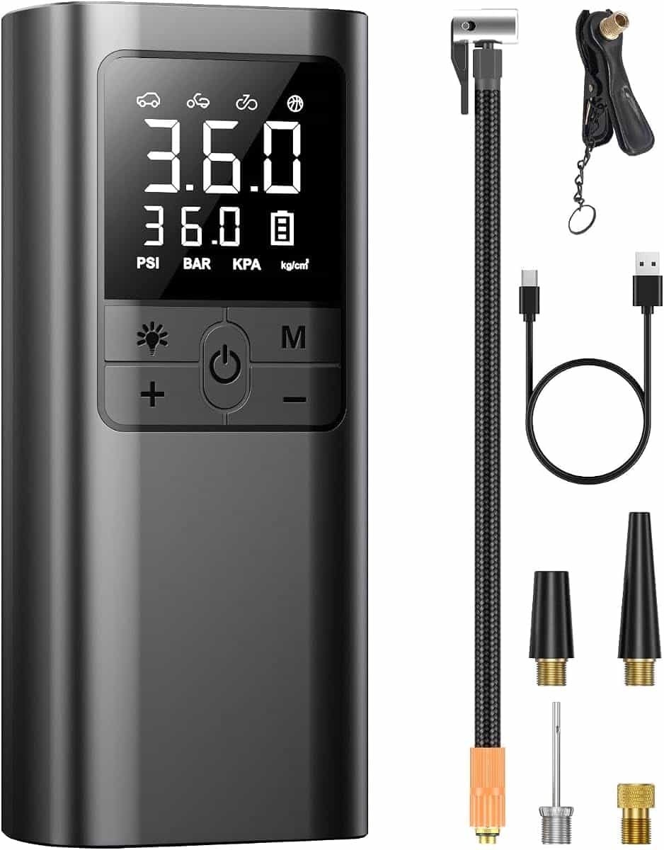 Electric Bicycle, Electric Air Pump, For Motorcycles, Cars, Cordless, 6,000 mAh, Large Capacity Battery, Compatible with Presta / British / Schrader Valves, Auto Shutoff, Low Noise, Air Pump