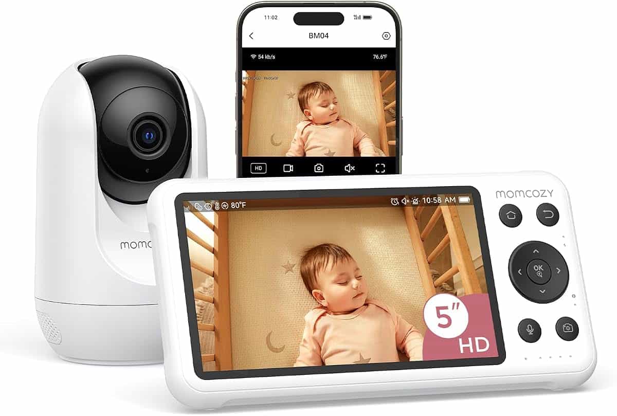 Momcozy Monitor de Bebé Inteligente WiFi con Cámara y Audio, Pantalla 5" 1080P, Detección de Movimiento y Llanto, Visión Nocturna, Batería 5000 mAh, para Interior y Exterior