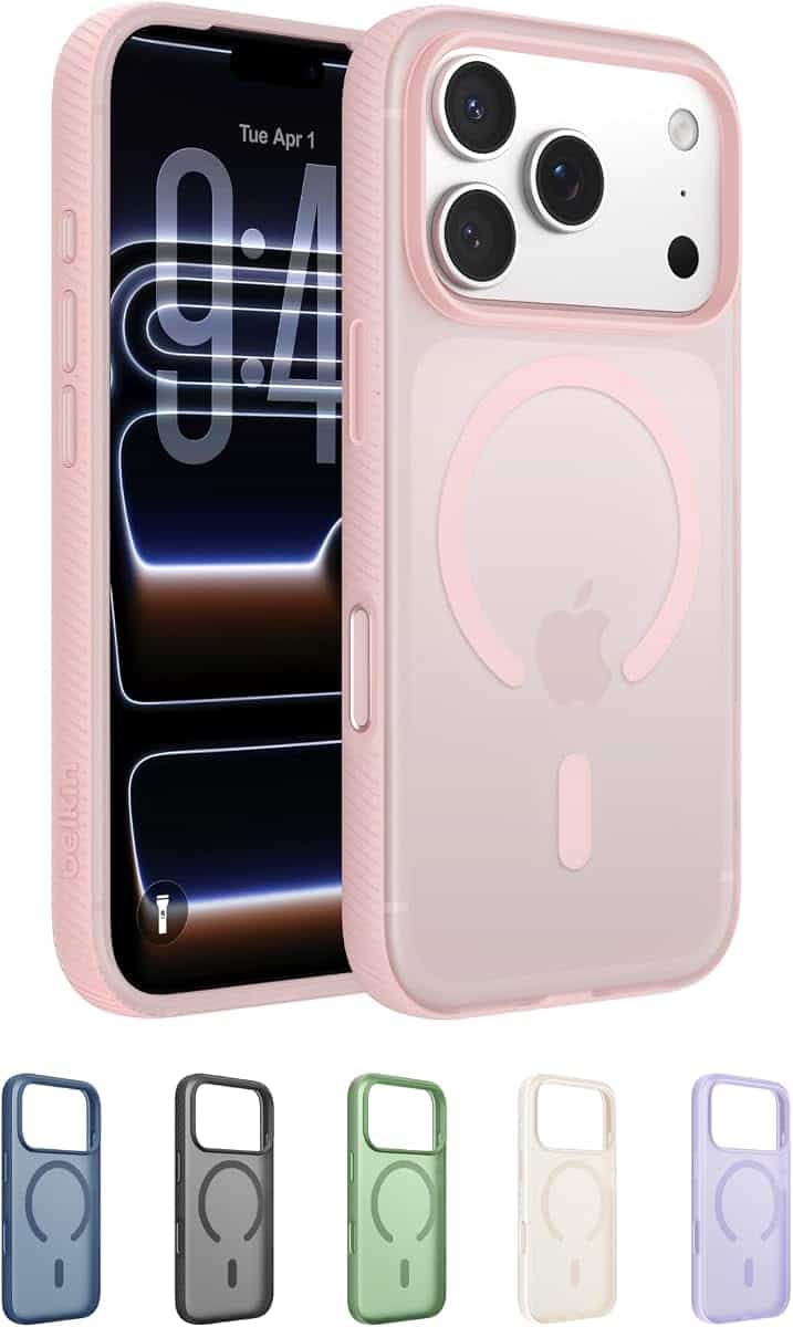 Belkin SheerForce Grip MagSafe Compatible iPhone 17 Pro Telefoonhoesje - Dun, krasbestendig, Antislip door Geribbelde Zijkanten, Magnetisch, Transparant, Schokbestendig iPhone Hoesje - Roze