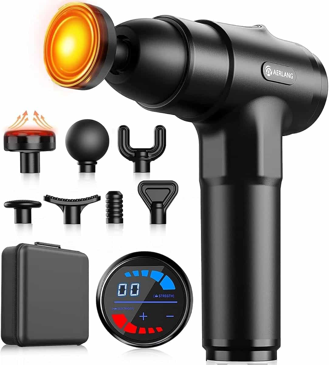 AERLANG Massage Gun with Heat, Deep Tissue Muscle Massager Gun with 7 Massages Heads & 20 Speeds, Professional Handheld Percussion Massage Gun for Athletes - Gifts for Dad Men, Carbon Black