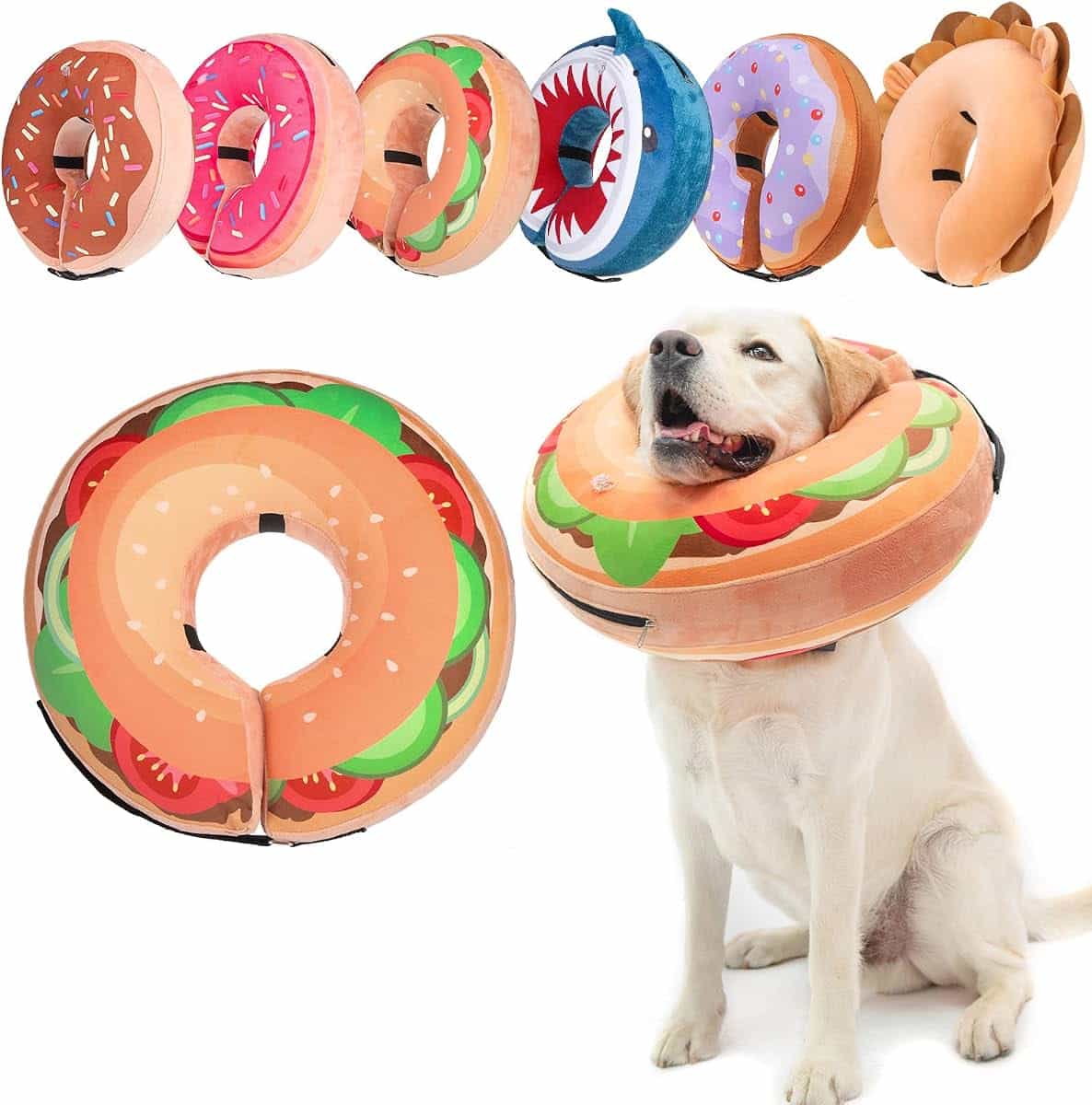 BEAUTYZOO Dog Cone Collar Alternative After Surgery,Pet Neck Donut E‑Collar | Soft Cone for Dogs to Stop Licking, Adjustable Recovery Collar for Large Medium Small Pets, Not Block Vision- Burger Donut, L