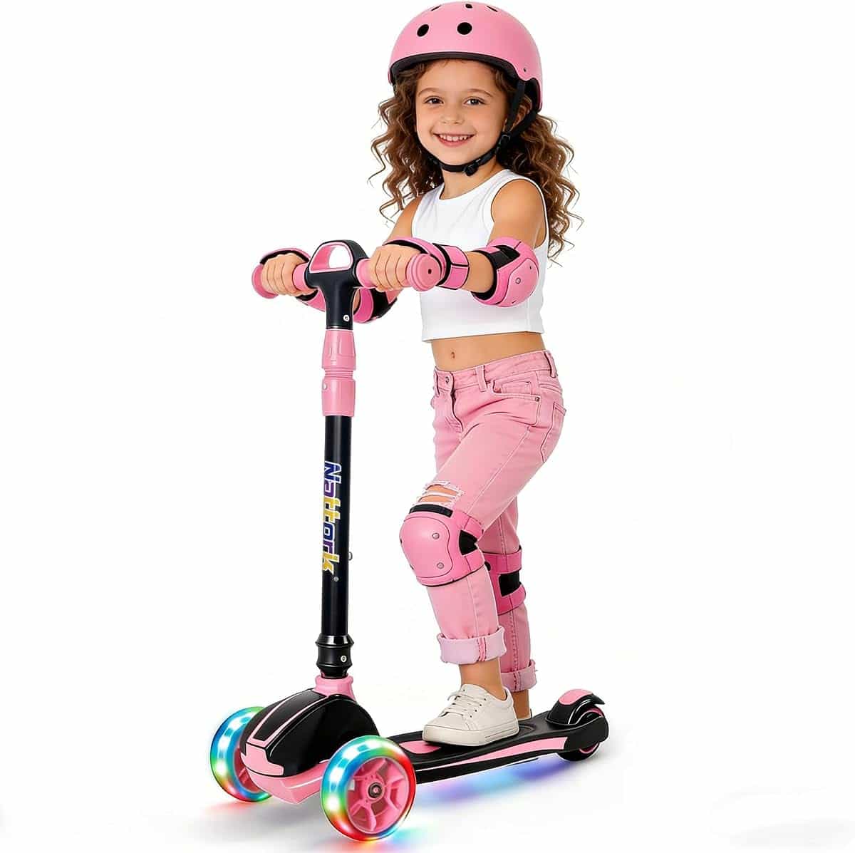 Nattork Light-Up 3-Wheels Scooter for Kids & Toddlers Ages 3-12 with 4 Adjustable Height for Boys & Girls,220LB Weight Capacity for Children3-5, 5-8, 6-12