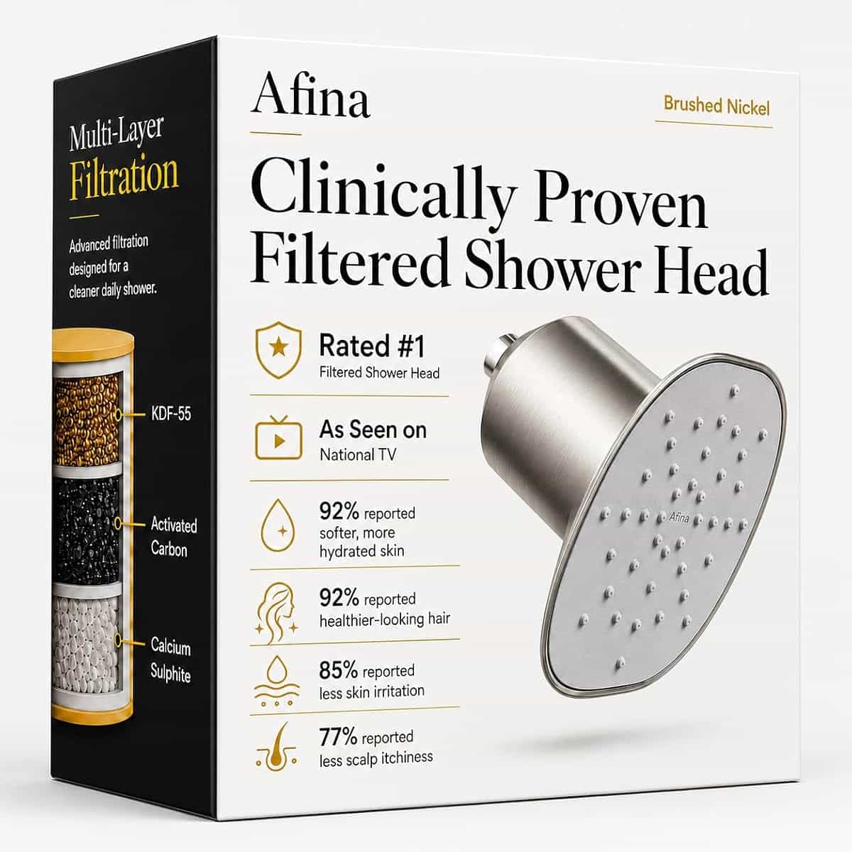 Afina Filtered Shower Head, High Pressure Rainfall (Brushed Nickel) | KDF-55 Shower Filter & Water Filter Showerhead for Hard Water, Reduces Chlorine for Softer Skin & Hair