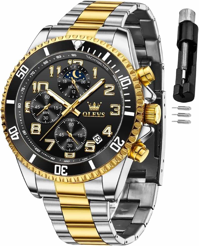 OLEVS Mens Watches Chronograph Luxury Dress Moon Phase Two Tone Stainless Steel Waterproof Luminous Business Calendar Wrist Watch