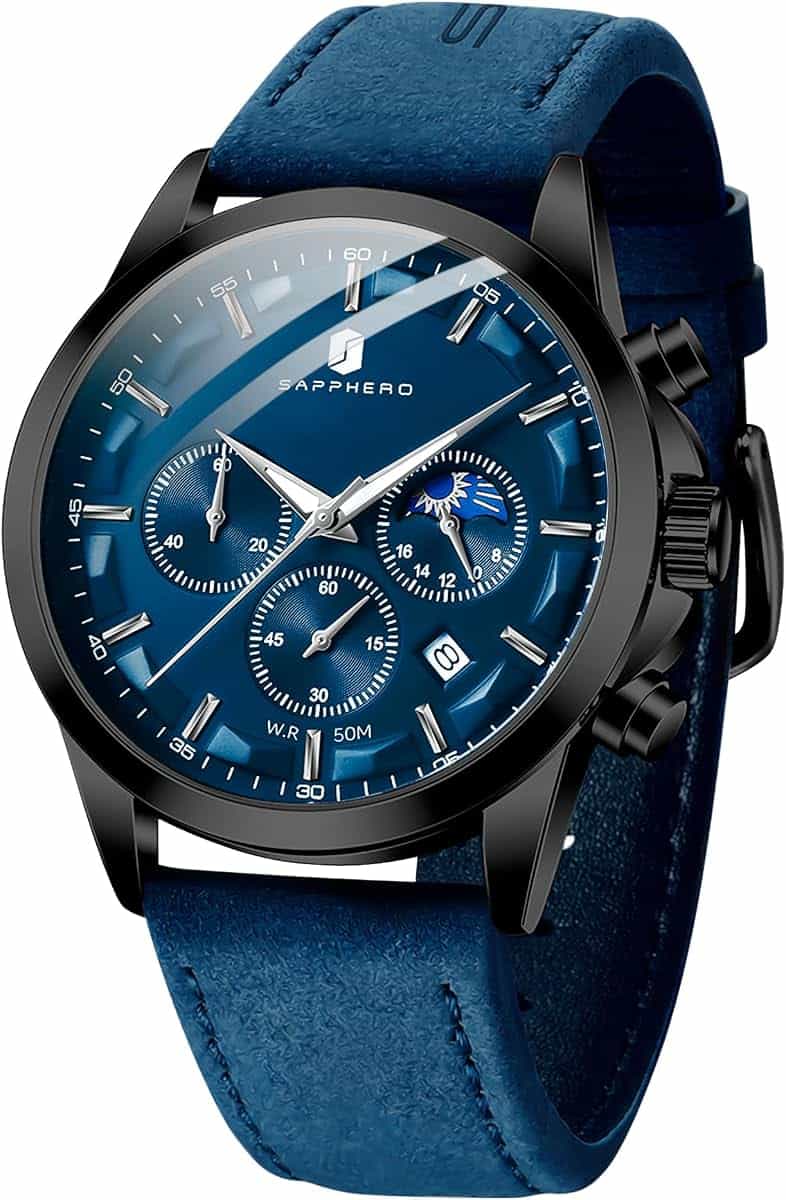 SAPPHERO Chronograph Watches for Men, Original Business Casual Stainless Steel Analog Watch 50M Waterproof Luminous Watches with Date Dial, Mens Gift
