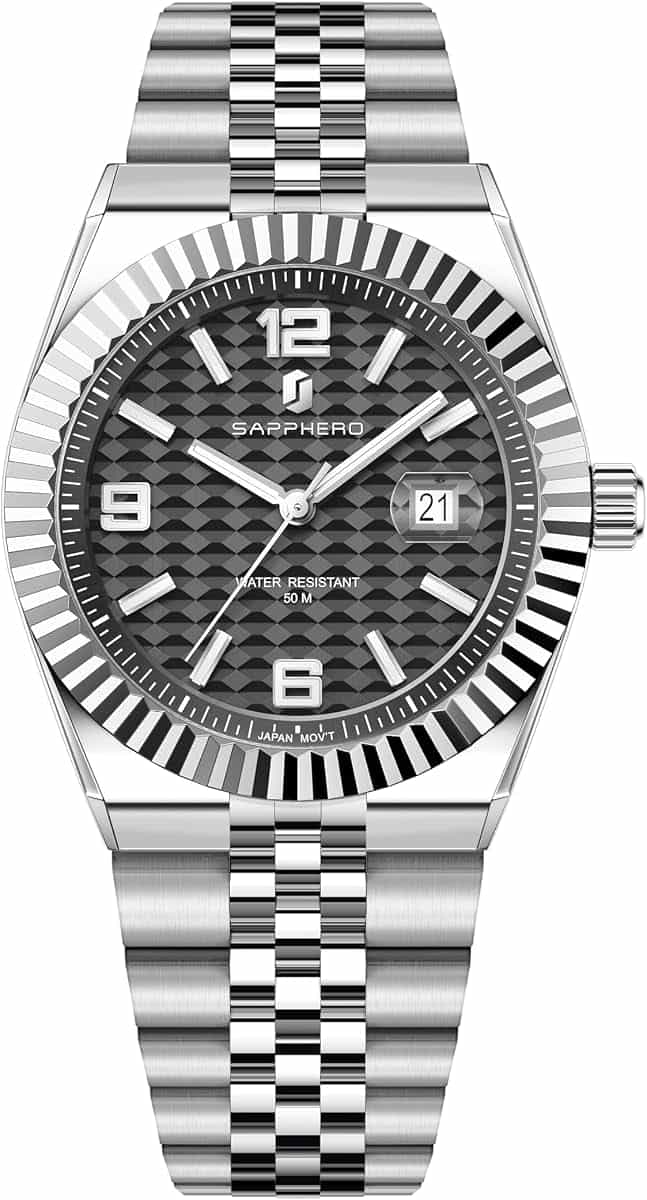 SAPPHERO Mens Watches Men’s Quartz Analog Watch Stainless Steel Bracelet with Date Window Luminous Designer 50M Water Resistant Luxury Watch for Business Work Sport Casual Dress Elegant Gifts